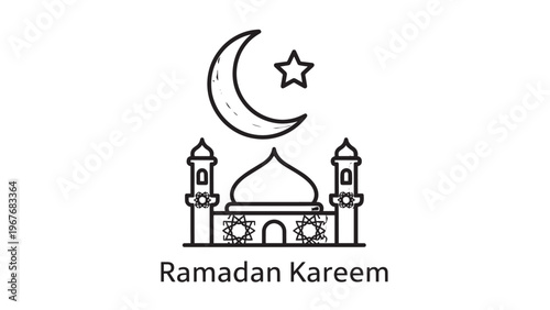 Ramadan Kareem Greeting with Mosque and Crescent Moon Illustration.