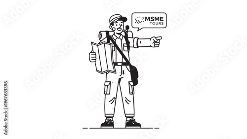 Illustration of a man with a backpack holding a sign that says MSME for small business support awareness.