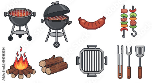 Food and Drink Grilling Pixel Art Set: Barbecue Elements, Tools, and Food Icons