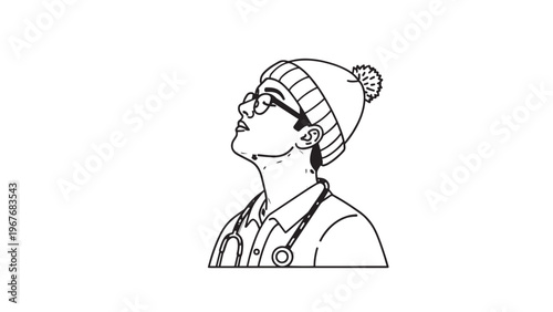 Stylish woman wearing glasses and a beanie, looking upwards thoughtfully.