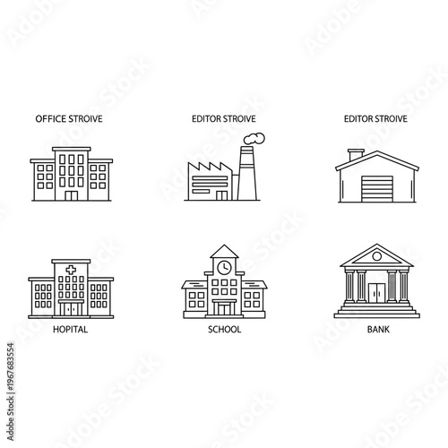 Set of building line icons including office factory and school