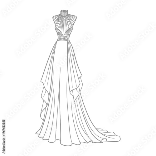 Elegant evening gown fashion sketch illustration line art