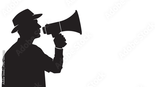 Silhouette of a person with a hat speaking into a megaphone against a plain background.