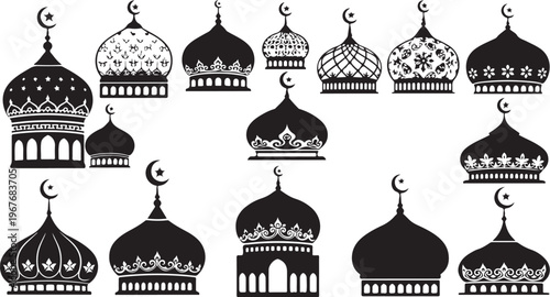 Collection of mosque domes and minarets in black and white illustrations