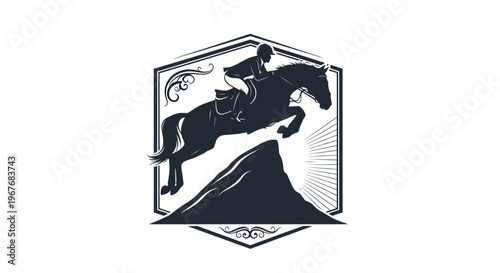 Black  White Silhouette Equestrian Horse Jumping Rider Sports Emblem Logo Vector Graphic
