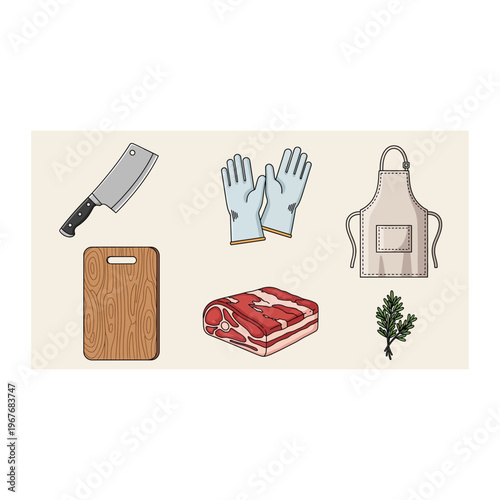 Professional butchery kit with cleaver apron and meat cuts vector illustration