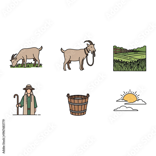 Pastoral farming icon set with goat