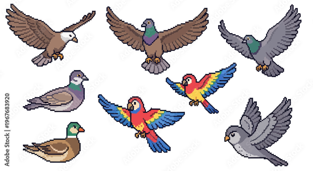 Obraz premium Pixel Art Birds Collection: Diverse Flying Resting Wildlife Avian Illustrations