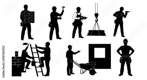 Construction Workers Silhouettes with Tools and Equipment Icons Set