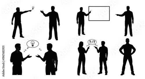 Business Communication and Education Vector Silhouettes: People, Ideas, Questions, Presentation