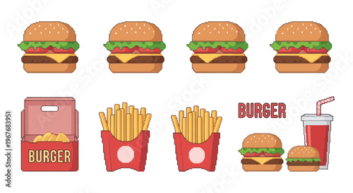 Pixel Art Fast Food Set: Burgers, French Fries, Soda Drink and Box - Retro Gaming Style