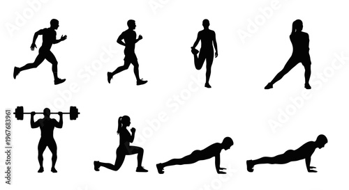 Fitness Workout Silhouettes Vector Set: Running, Stretching, Weightlifting, Lunges, Push-ups