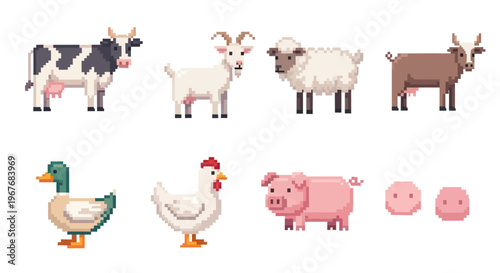 Cute Farm Animals Pixel Art Icon Set for Agriculture  Livestock