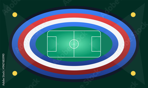 Hand-drawn minimalist aerial view of a modern colorful geometric soccer sports stadium featuring red white blue authentic illustration