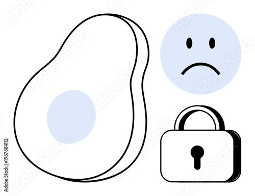 Emotions concept. Minimalistic image an avocado shape, sad face emotion, and a lock symbol. Emotions tied with security, well-being, and personal privacy. Great for mental health, security concerns