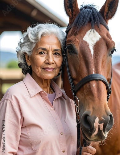 Elderly woman with brown horse portrait.