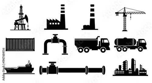 Black and White Industrial Icons: Oil Rig, Factory, Crane, Container, Truck, Ship, Pipes