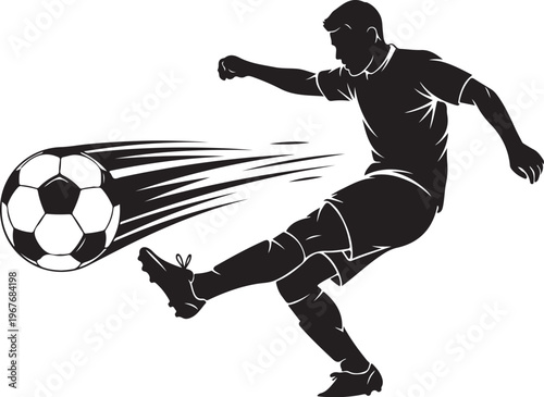 Soccer player kicking ball with motion lines in black silhouette style