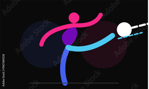 Hand-drawn abstract soccer player figure performing dynamic kick motion with colorful neon strokes on black background authentic illustration