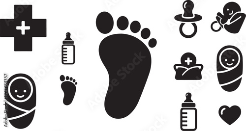 Newborn baby care and medical icons in black and white