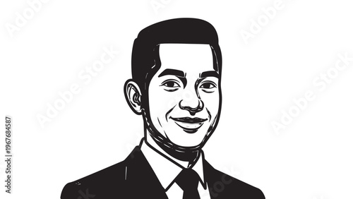 Black and White Illustration of a Man in Formal Attire with a Confident Expression.