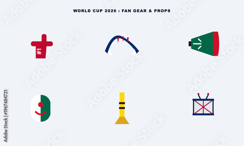 Hand-drawn set of colorful soccer fan gear icons including foam finger and megaphone for World Cup authentic illustration