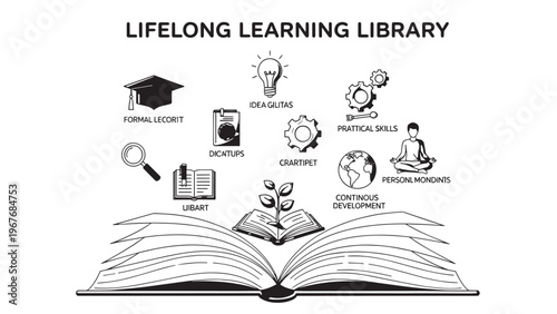 Open Book with Growing Plant and Educational Icons Representing Lifelong Learning and Knowledge Acquisition.