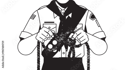 Police Officer in Uniform Holding Handcuffs and Badge for Law Enforcement.