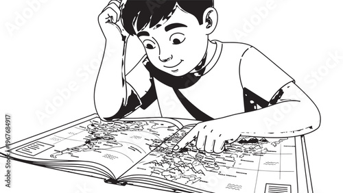 Young boy reading a comic book with curiosity and excitement in a classroom setting.