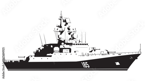 Military battleship sailing in open waters with a clear sky.