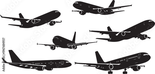 Collection of airplane silhouettes in various flight positions and angles