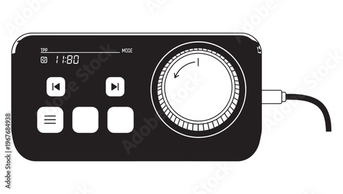 Close-up of a digital audio recorder with control buttons and a wired connection.