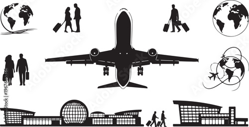 Travel and transportation icons featuring airplane and airport silhouettes