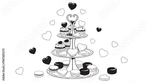 Elegant Black and White Illustration of Heart-Shaped Candles and Floating Hearts for Romantic Celebration.