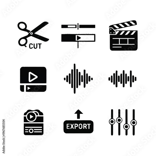 Black and white video editing icons and symbols for film production