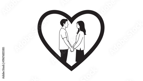 Romantic Couple Holding Hands Inside Heart Shape Illustration.