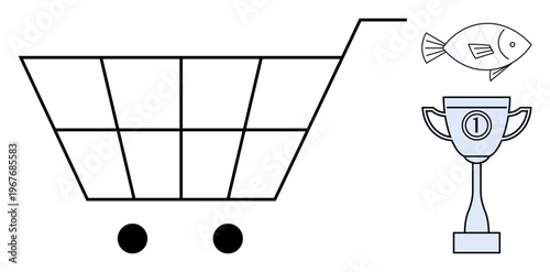 Consumer choice concept. A shopping cart with a trophy and fish winning, competition, and purchasing decisions. Consumer choice drives quality, competition, and success. For marketing, sales