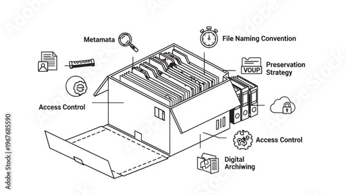 Detailed Illustration of Data Storage and Digital Archiving Process in Modern Data Centers.