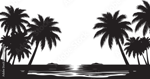 Tropical beach sunset with palm trees silhouette and calm ocean waves