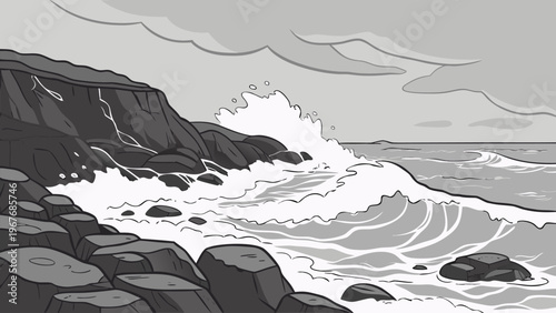 Powerful ocean waves crashing on rocky coastline, monochrome vintage vector style, dramatic seascape, nature force concept, ideal for travel and background design.