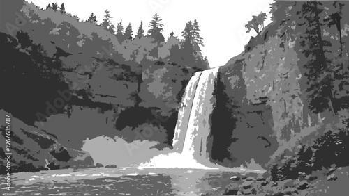 Cascading waterfall surrounded by rocky forest landscape, monochrome style, dramatic natural scenery, ideal for adventure and outdoor themes.