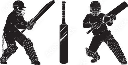 Cricket players in action with bat and protective gear illustration