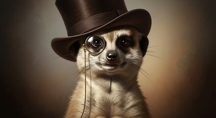 Captivating photos of a dapper meerkat, posing with a top hat and a vintage monocle, embodying refined animal portraiture