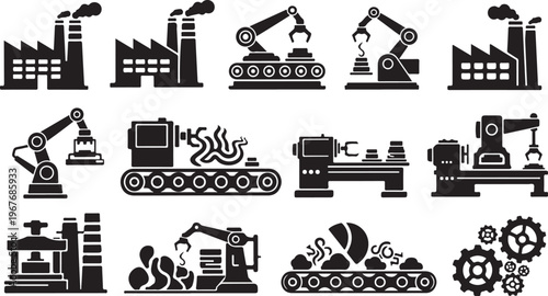 Industrial icons and machinery symbols in black and white vector graphics
