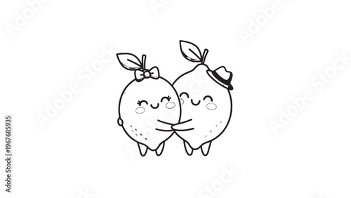 Cute Hand-Drawn Illustration of Two Smiling Fruits with Leaf Accessories.