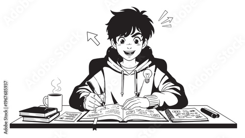 Young boy studying at desk with books and laptop in a cozy home environment.