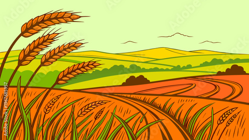 Ripe wheat field under warm sunlight, agricultural landscape, flat vector style, farming and harvest concept, natural rural background.
