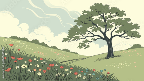 Single tree standing in lush meadow with flowers and soft sky, peaceful nature scene, flat vector style, countryside and eco concept background.
