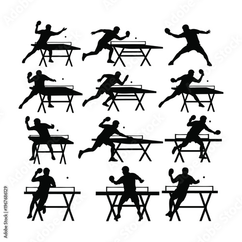 Twelve Table Tennis Player Silhouette Set Ping Pong Sport Action Vector Illustration