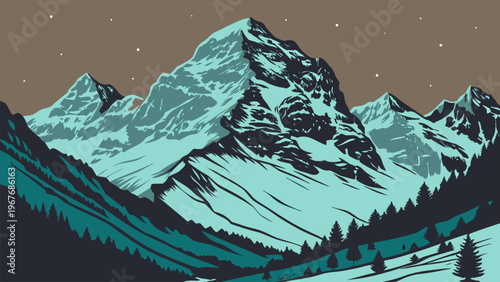 Majestic snow-covered mountain with cool tones, clean flat vector design, alpine scenery, outdoor adventure and travel background.